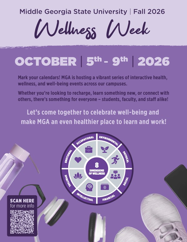 Middle Georgia State University Fall 2026 Wellness Week flyer, October 5th through 9th, featuring an 8 Dimensions of Wellness wheel graphic, headphones, running shoes, and a QR code for more info.